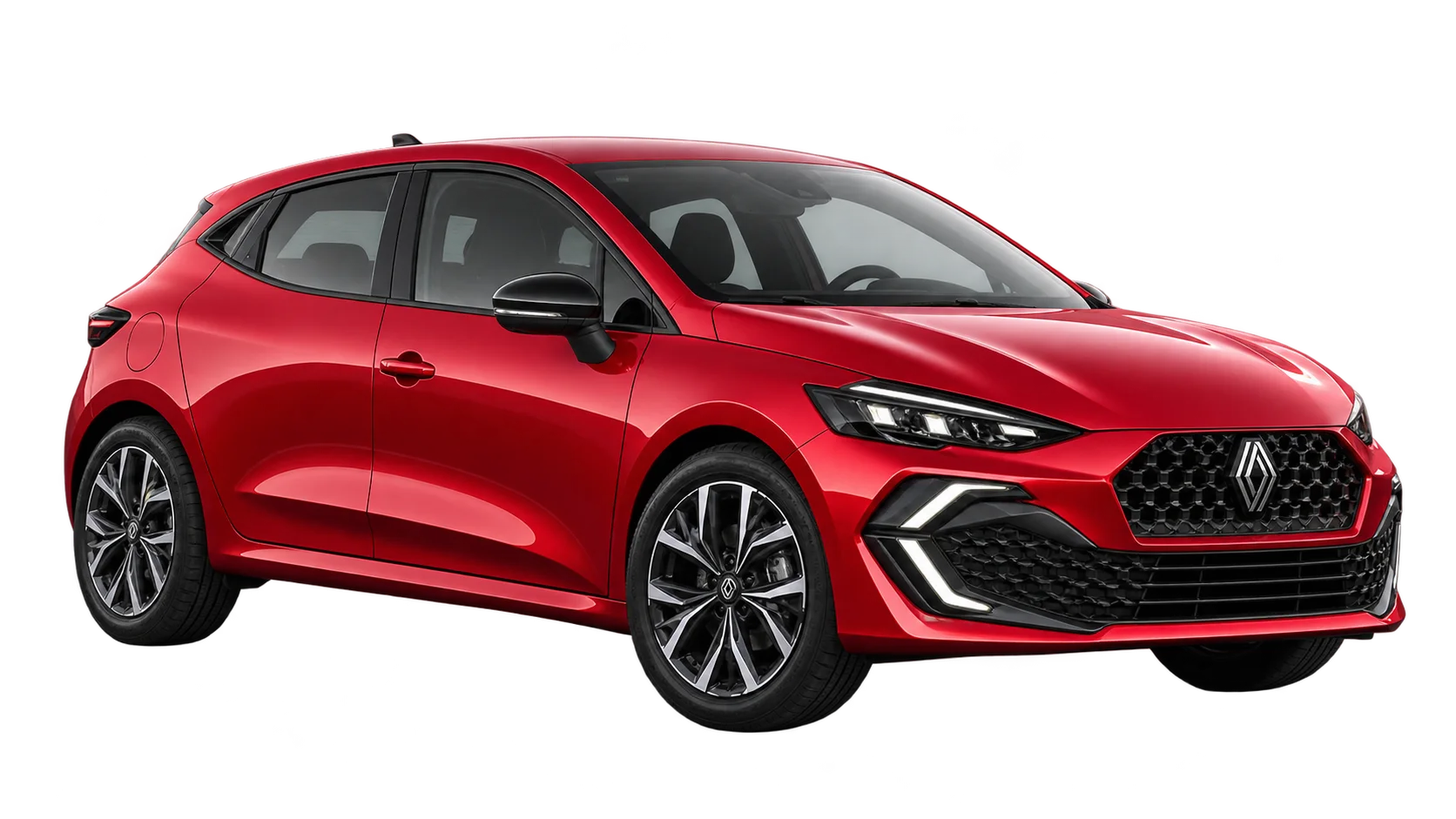 Renault Clio 6 rouge en vue de trois quarts, détourée sans fond — visuel illustratif